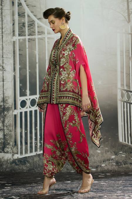 Shop_Rajdeep Ranawat_Pink Chloe Vintage Dahlia Print Cape _Online_at_Aza_Fashions