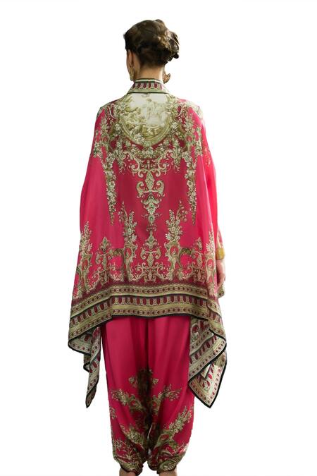 Rajdeep Ranawat_Pink Chloe Vintage Dahlia Print Cape _at_Aza_Fashions