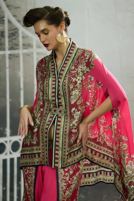 Buy_Rajdeep Ranawat_Pink Chloe Vintage Dahlia Print Cape 