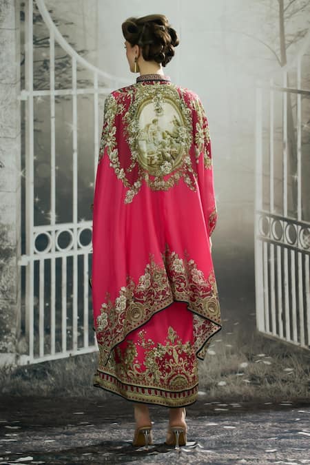 Shop_Rajdeep Ranawat_Pink Silk Embroidery Bandeau Neck Dakota Greek Bloom Print Asymmetric Tunic _at_Aza_Fashions