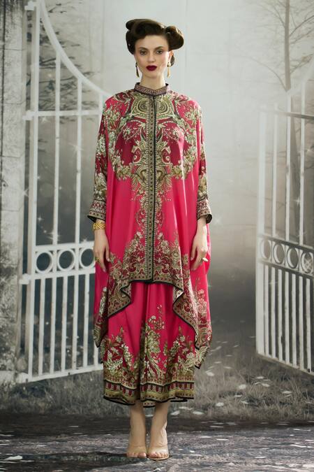 Rajdeep Ranawat_Pink Silk Embroidery Bandeau Neck Dakota Greek Bloom Print Asymmetric Tunic _Online_at_Aza_Fashions