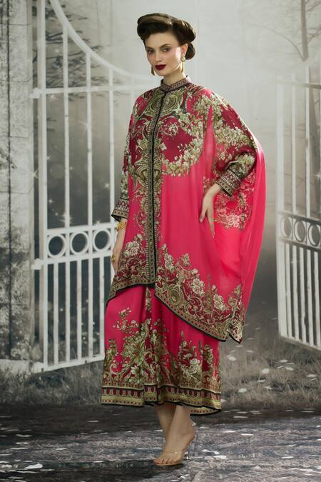 Rajdeep Ranawat_Pink Silk Embroidery Bandeau Neck Dakota Greek Bloom Print Asymmetric Tunic _at_Aza_Fashions