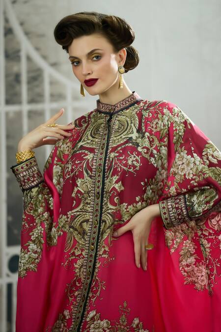 Shop_Rajdeep Ranawat_Pink Silk Embroidery Bandeau Neck Dakota Greek Bloom Print Asymmetric Tunic 