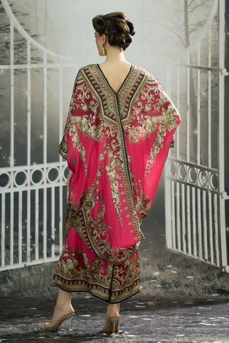 Shop_Rajdeep Ranawat_Pink Silk V-neck Dalilah Ancient Blossom Print Draped Kaftan Tunic _at_Aza_Fashions