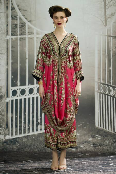 Rajdeep Ranawat_Pink Silk V-neck Dalilah Ancient Blossom Print Draped Kaftan Tunic _Online_at_Aza_Fashions