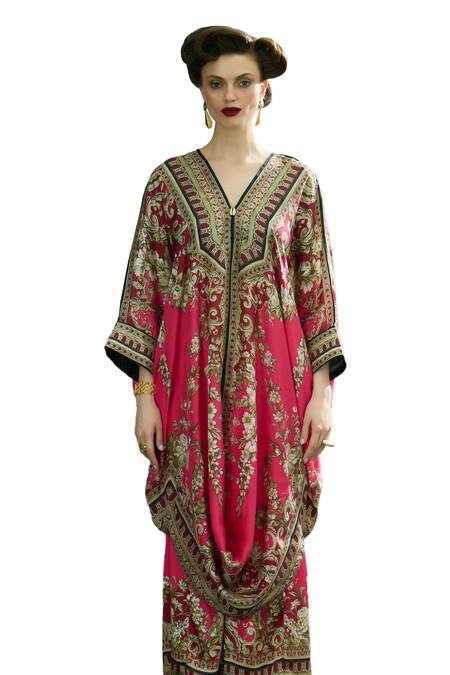 Buy_Rajdeep Ranawat_Pink Silk V-neck Dalilah Ancient Blossom Print Draped Kaftan Tunic _Online_at_Aza_Fashions