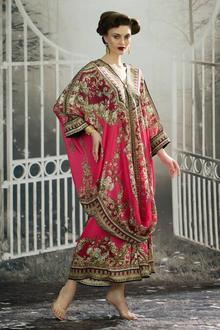 Shop_Rajdeep Ranawat_Pink Silk V-neck Dalilah Ancient Blossom Print Draped Kaftan Tunic _Online_at_Aza_Fashions