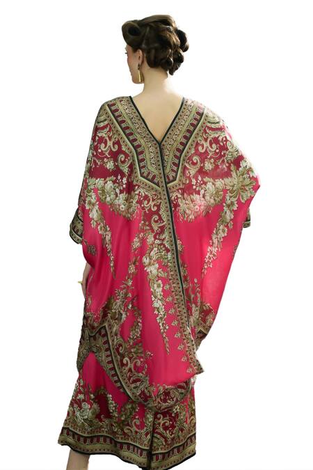 Rajdeep Ranawat_Pink Silk V-neck Dalilah Ancient Blossom Print Draped Kaftan Tunic _at_Aza_Fashions
