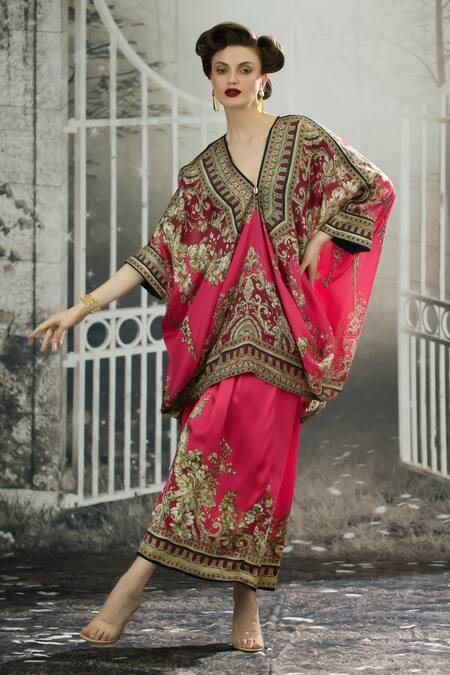 Buy_Rajdeep Ranawat_Pink Silk V-neck Dalilah Ancient Blossom Print Draped Kaftan Tunic 