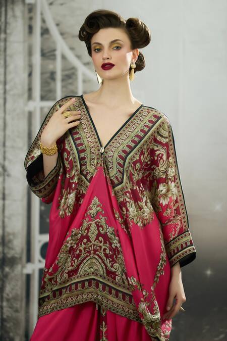 Shop_Rajdeep Ranawat_Pink Silk V-neck Dalilah Ancient Blossom Print Draped Kaftan Tunic 