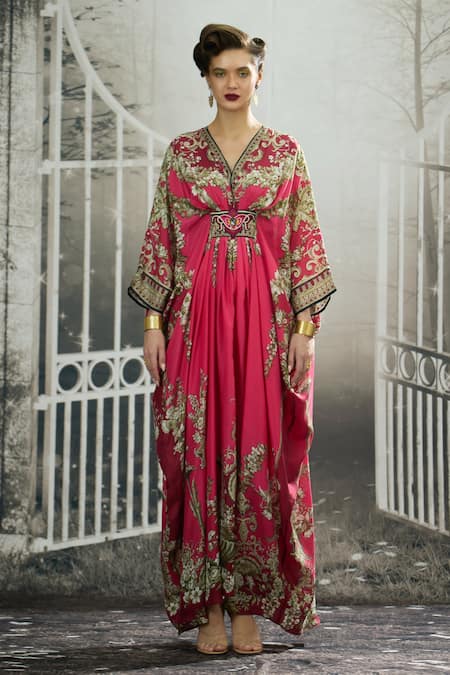 Rajdeep Ranawat_Pink Silk V-neck Imama Glory Fleur Print Kaftan _Online_at_Aza_Fashions