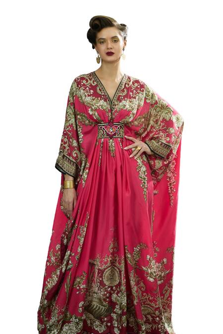 Buy_Rajdeep Ranawat_Pink Silk V-neck Imama Glory Fleur Print Kaftan _Online_at_Aza_Fashions