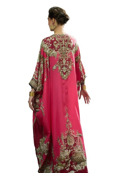 Shop_Rajdeep Ranawat_Pink Silk V-neck Imama Glory Fleur Print Kaftan _Online_at_Aza_Fashions