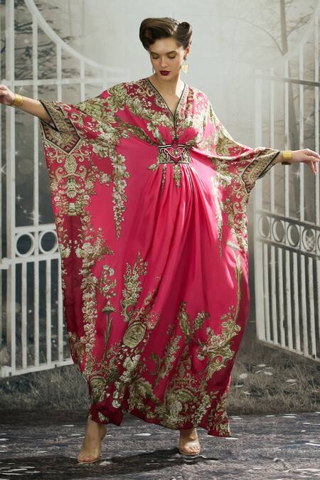 Rajdeep Ranawat_Pink Silk V-neck Imama Glory Fleur Print Kaftan _at_Aza_Fashions