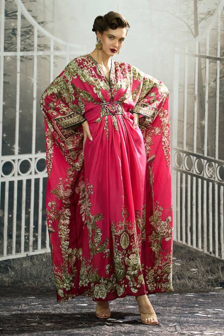 Buy_Rajdeep Ranawat_Pink Silk V-neck Imama Glory Fleur Print Kaftan 