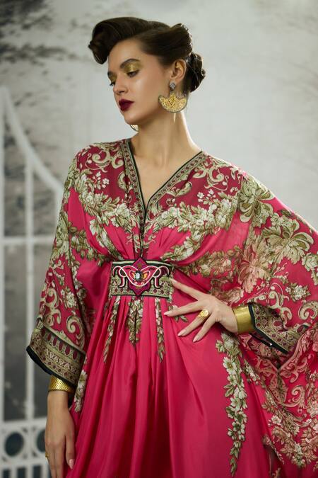 Shop_Rajdeep Ranawat_Pink Silk V-neck Imama Glory Fleur Print Kaftan 