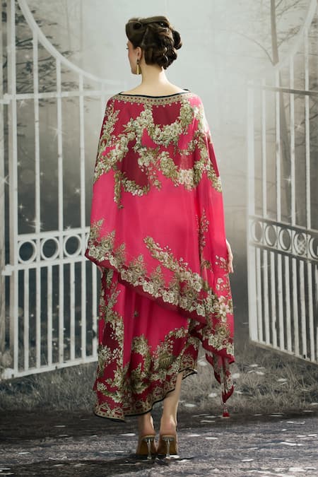 Shop_Rajdeep Ranawat_Pink Silk Embroidery Boat Neck Kamini Garden Wonder Print Cross Cut Top _at_Aza_Fashions