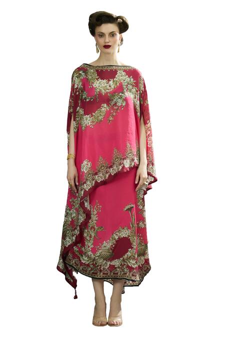 Rajdeep Ranawat_Pink Silk Embroidery Boat Neck Kamini Garden Wonder Print Cross Cut Top _Online_at_Aza_Fashions