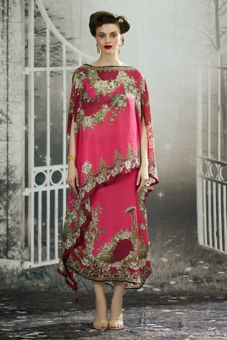 Buy_Rajdeep Ranawat_Pink Silk Embroidery Boat Neck Kamini Garden Wonder Print Cross Cut Top _Online_at_Aza_Fashions