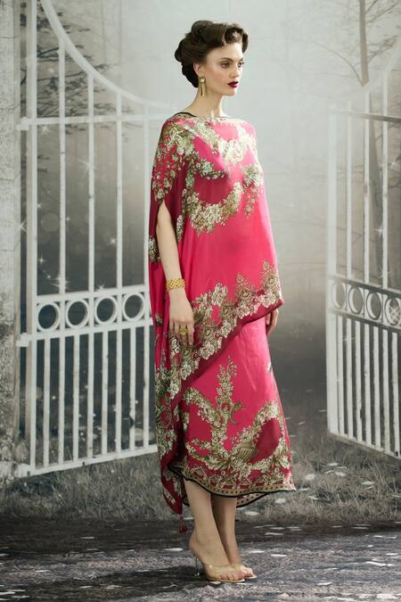 Shop_Rajdeep Ranawat_Pink Silk Embroidery Boat Neck Kamini Garden Wonder Print Cross Cut Top _Online_at_Aza_Fashions