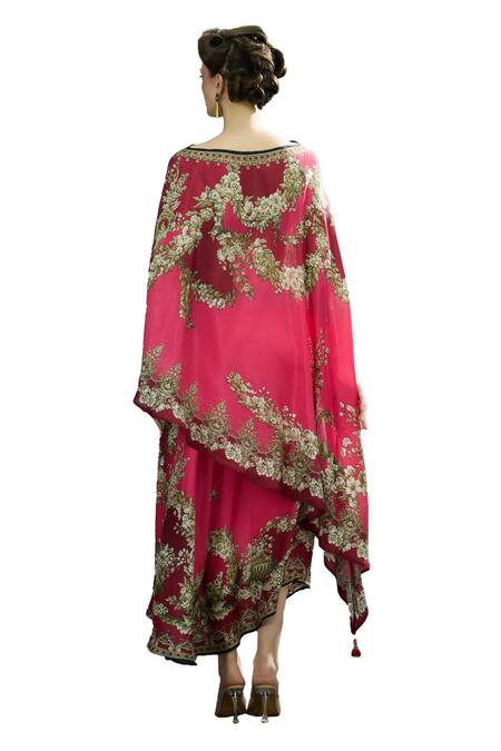 Rajdeep Ranawat_Pink Silk Embroidery Boat Neck Kamini Garden Wonder Print Cross Cut Top _at_Aza_Fashions