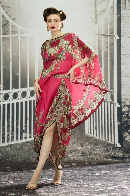 Buy_Rajdeep Ranawat_Pink Silk Embroidery Boat Neck Kamini Garden Wonder Print Cross Cut Top 