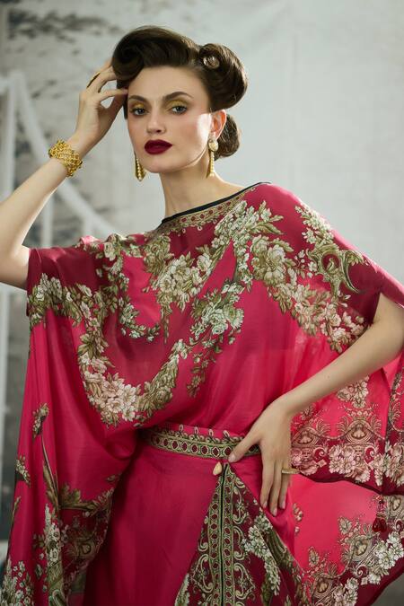 Shop_Rajdeep Ranawat_Pink Silk Embroidery Boat Neck Kamini Garden Wonder Print Cross Cut Top 