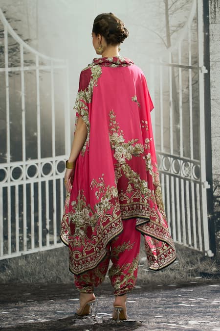 Shop_Rajdeep Ranawat_Pink Silk Embroidery Cowl Neck Lavanya Gardenia Print Asymmetric Tunic _at_Aza_Fashions