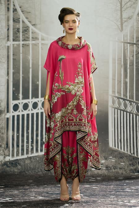 Rajdeep Ranawat_Pink Silk Embroidery Cowl Neck Lavanya Gardenia Print Asymmetric Tunic _Online_at_Aza_Fashions