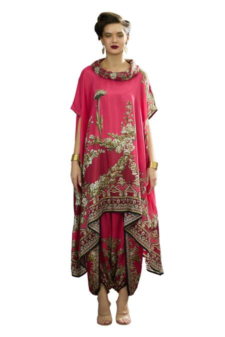 Buy_Rajdeep Ranawat_Pink Silk Embroidery Cowl Neck Lavanya Gardenia Print Asymmetric Tunic _Online_at_Aza_Fashions