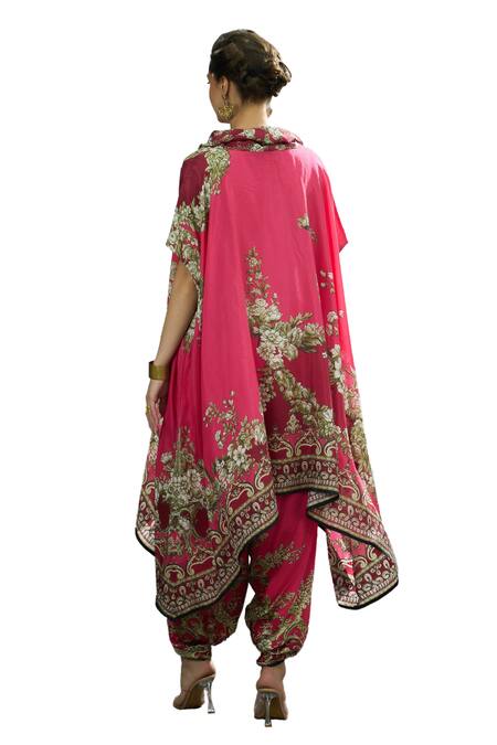 Rajdeep Ranawat_Pink Silk Embroidery Cowl Neck Lavanya Gardenia Print Asymmetric Tunic _at_Aza_Fashions