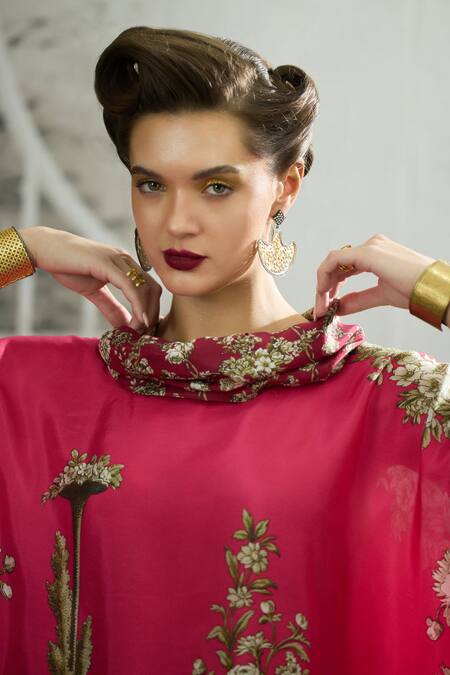 Shop_Rajdeep Ranawat_Pink Silk Embroidery Cowl Neck Lavanya Gardenia Print Asymmetric Tunic 