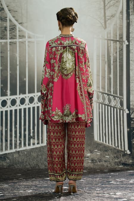 Shop_Rajdeep Ranawat_Pink Silk Embroidery Bandeau Neck Nilofer Breeze Bloom Print Tunic _at_Aza_Fashions