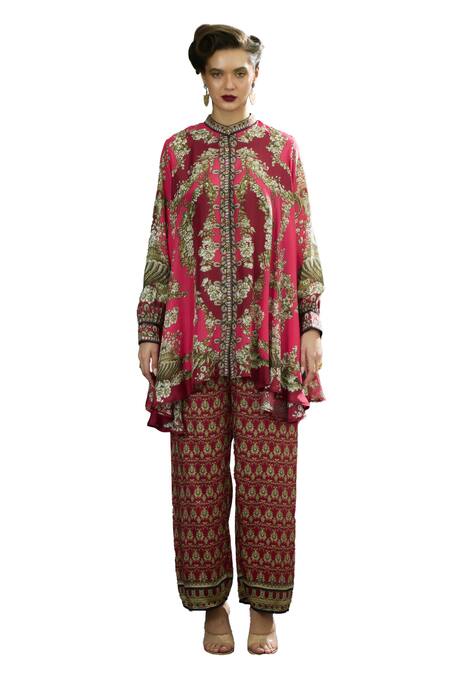 Rajdeep Ranawat_Pink Silk Embroidery Bandeau Neck Nilofer Breeze Bloom Print Tunic _Online_at_Aza_Fashions