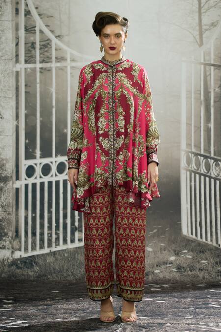 Buy_Rajdeep Ranawat_Pink Silk Embroidery Bandeau Neck Nilofer Breeze Bloom Print Tunic _Online_at_Aza_Fashions