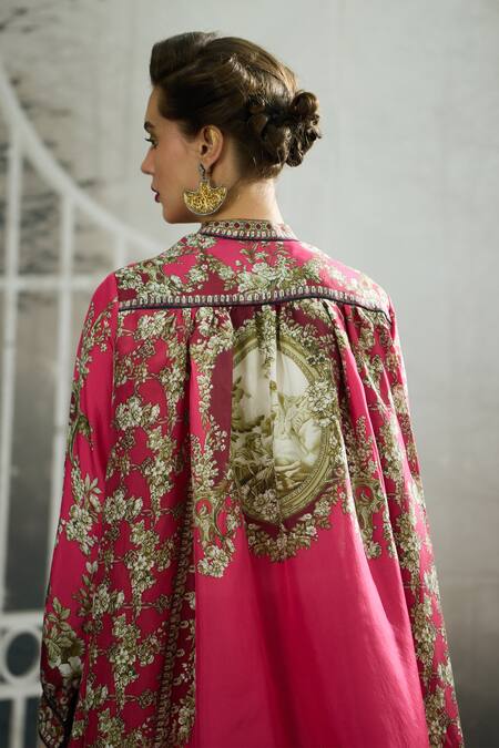 Rajdeep Ranawat_Pink Silk Embroidery Bandeau Neck Nilofer Breeze Bloom Print Tunic _at_Aza_Fashions