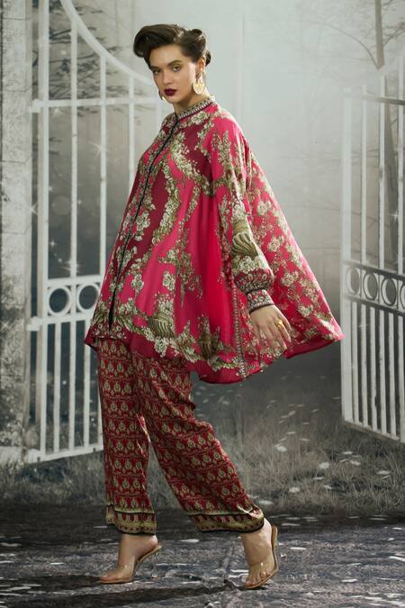 Buy_Rajdeep Ranawat_Pink Silk Embroidery Bandeau Neck Nilofer Breeze Bloom Print Tunic 