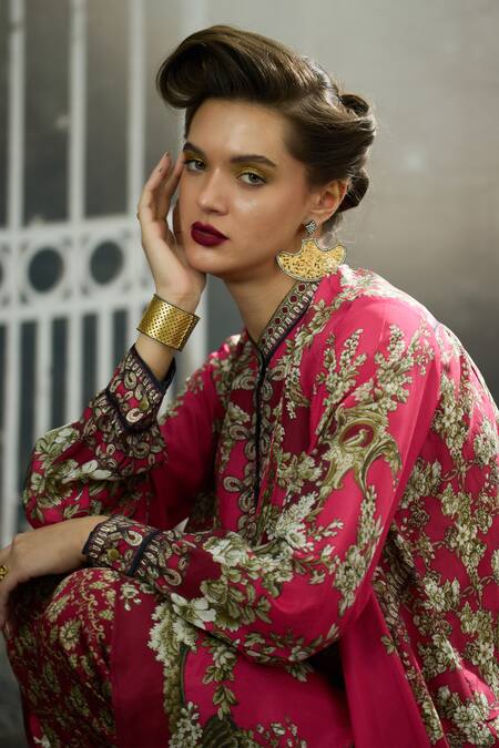 Shop_Rajdeep Ranawat_Pink Silk Embroidery Bandeau Neck Nilofer Breeze Bloom Print Tunic 