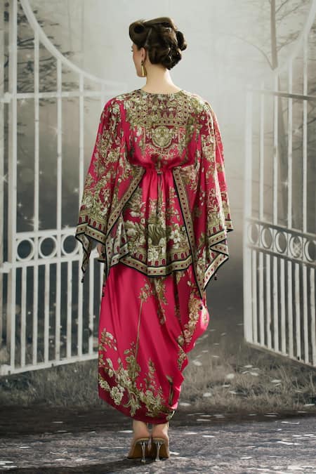 Shop_Rajdeep Ranawat_Pink Silk V-neck Parma Blossom Crest Print Tunic _at_Aza_Fashions