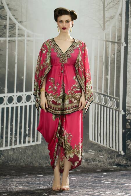 Rajdeep Ranawat_Pink Silk V-neck Parma Blossom Crest Print Tunic _Online_at_Aza_Fashions