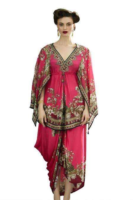 Buy_Rajdeep Ranawat_Pink Silk V-neck Parma Blossom Crest Print Tunic _Online_at_Aza_Fashions
