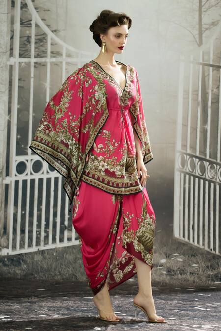 Shop_Rajdeep Ranawat_Pink Silk V-neck Parma Blossom Crest Print Tunic _Online_at_Aza_Fashions