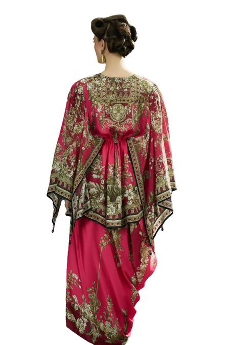 Rajdeep Ranawat_Pink Silk V-neck Parma Blossom Crest Print Tunic _at_Aza_Fashions