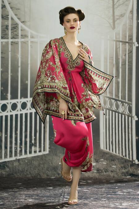 Buy_Rajdeep Ranawat_Pink Silk V-neck Parma Blossom Crest Print Tunic 