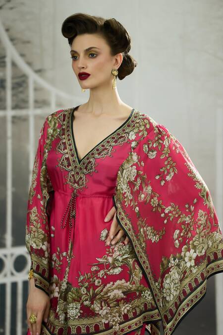Shop_Rajdeep Ranawat_Pink Silk V-neck Parma Blossom Crest Print Tunic 