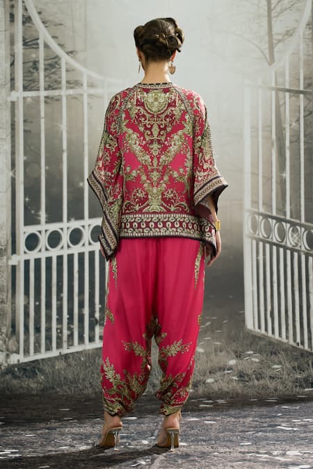 Shop_Rajdeep Ranawat_Pink Silk Mandarin Collar Ramona Blossom Print Poncho Top _at_Aza_Fashions