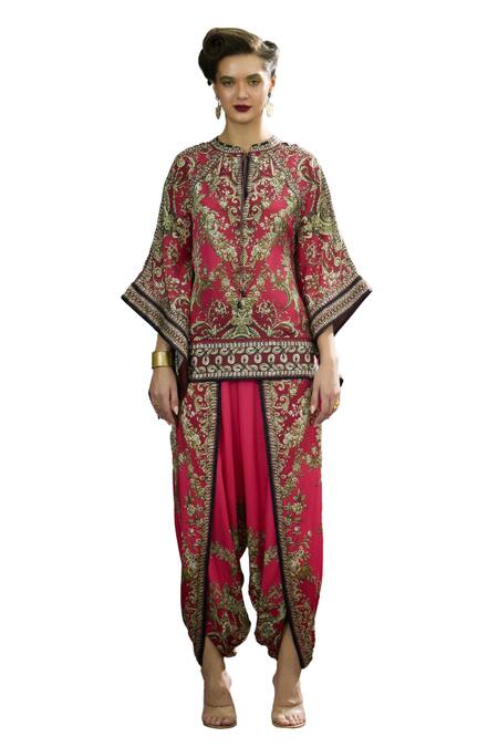 Buy_Rajdeep Ranawat_Pink Silk Mandarin Collar Ramona Blossom Print Poncho Top _Online_at_Aza_Fashions