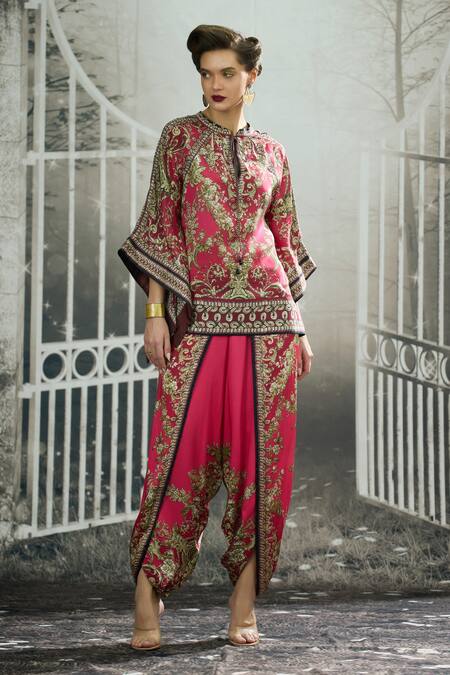 Shop_Rajdeep Ranawat_Pink Silk Mandarin Collar Ramona Blossom Print Poncho Top _Online_at_Aza_Fashions