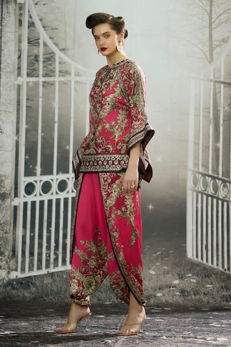Rajdeep Ranawat_Pink Silk Mandarin Collar Ramona Blossom Print Poncho Top _at_Aza_Fashions