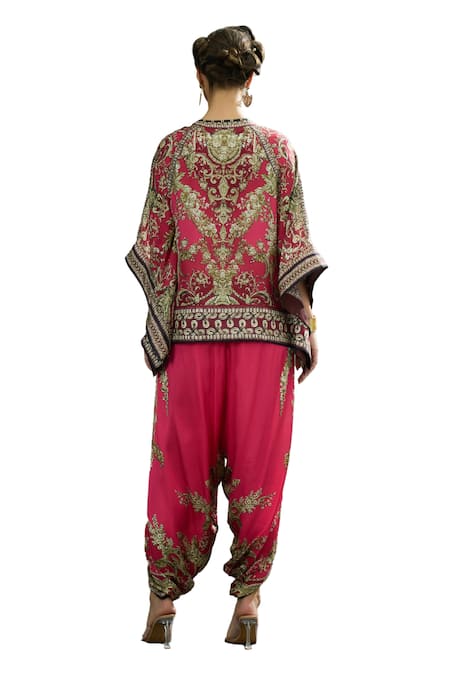 Buy_Rajdeep Ranawat_Pink Silk Mandarin Collar Ramona Blossom Print Poncho Top 